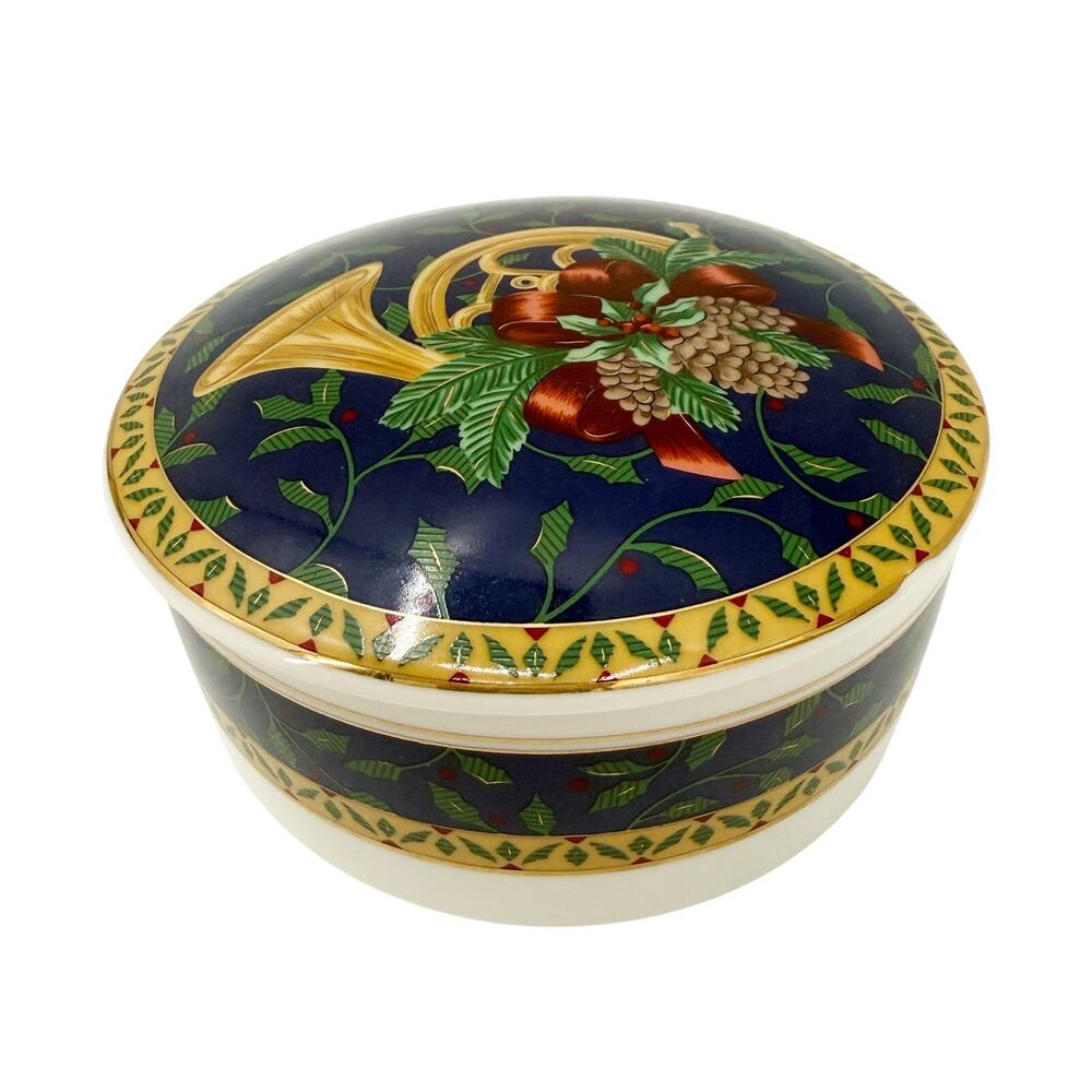 Mikasa Holiday Music Box trinket dish & lid French horn Christmas holly pinecone
